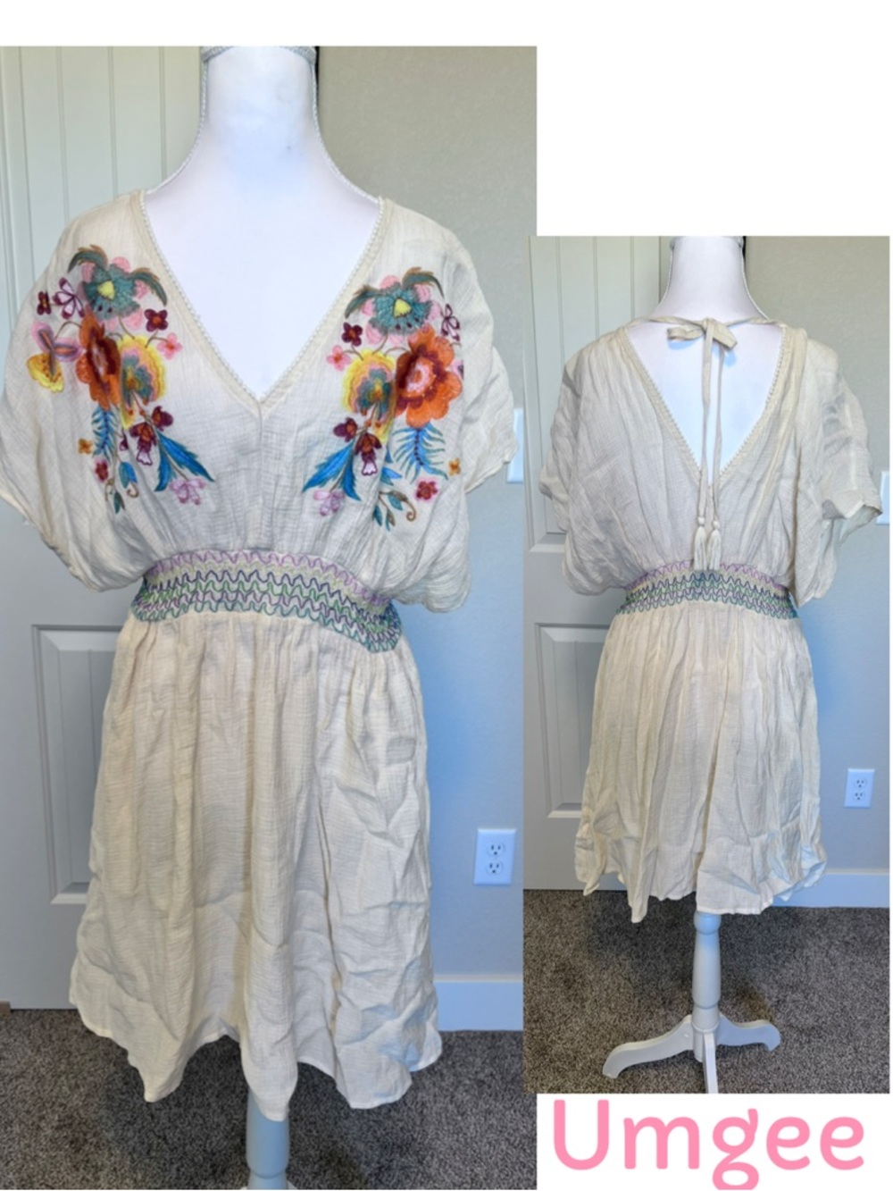 Umgee Boho Embroidered V-Neck Smocked Waist Dress Tassle Tie in Back Pockets SzM